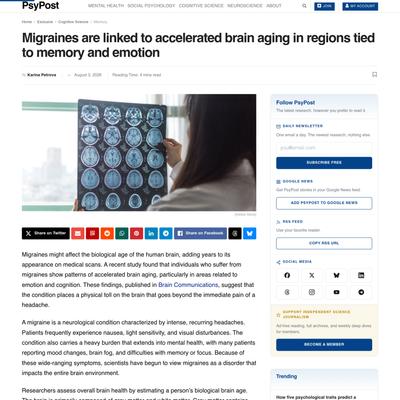 Migraines are linked to accelerated brain aging in regions tied to memory and emotion
