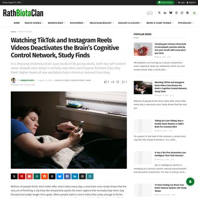 Watching TikTok and Instagram Reels Videos Deactivates the Brain's Cognitive Control Network, Study Finds | RathBiotaClan