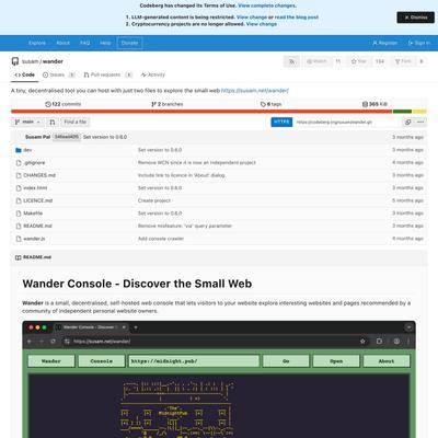 susam/wander: A tiny, decentralised tool you can host with just two files to explore the small web - Codeberg.org