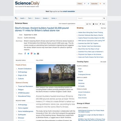 Devil’s Arrows: Ancient builders hauled 55,000-pound stones 11 miles for Britain’s tallest stone row | ScienceDaily