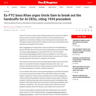Ex-FTC boss Khan urges Uncle Sam to break out the handcuffs for AI CEOs, citing 1934 precedent