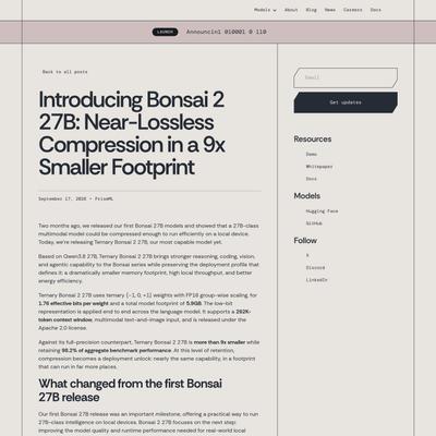 PrismML — Introducing Bonsai 2 27B: Near-Lossless Compression in a 9x Smaller Footprint