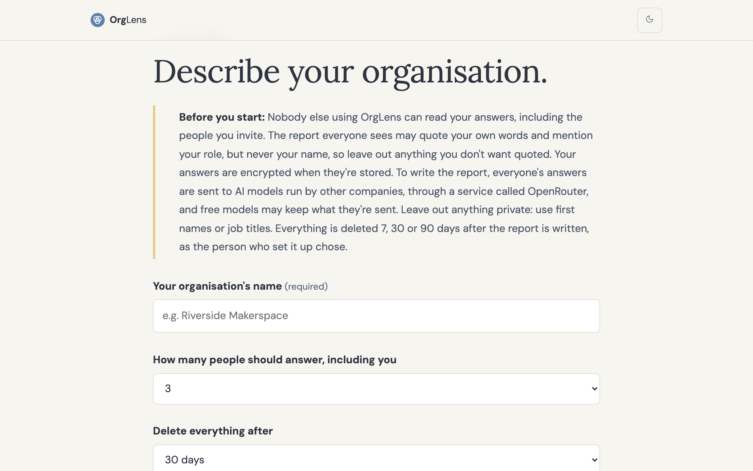 Screenshot asking the user to 'describe your organisation'