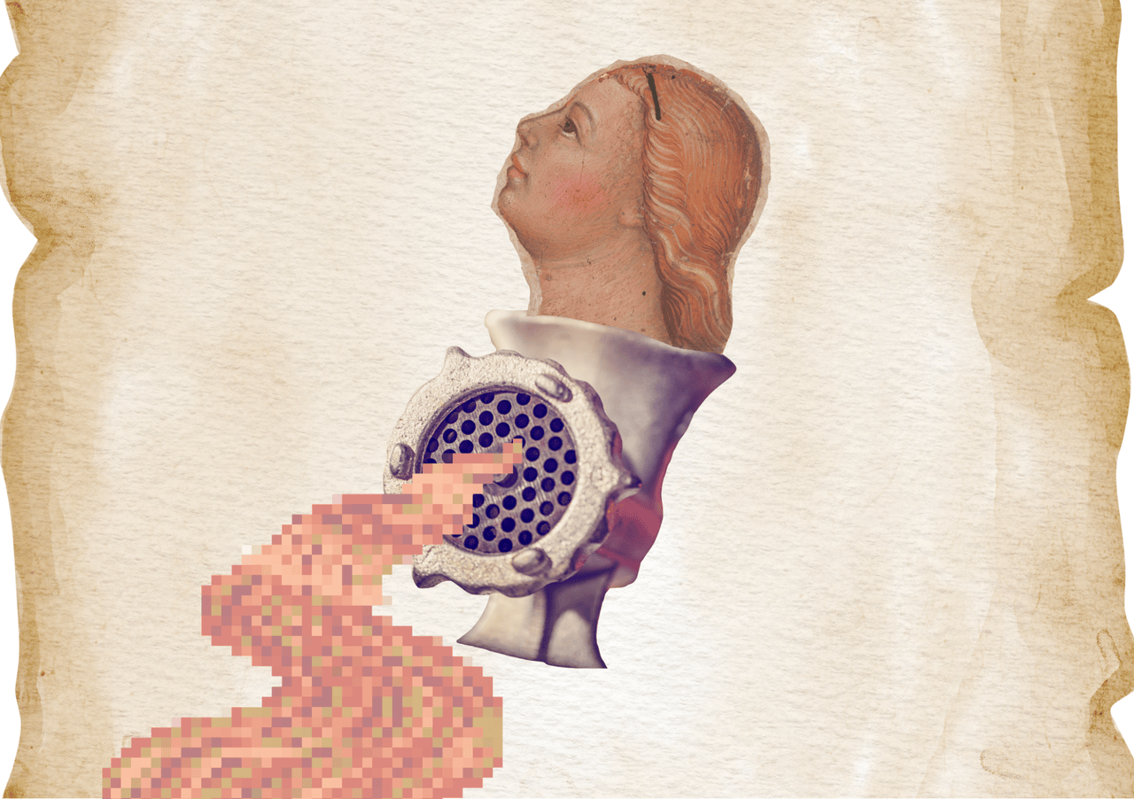 A heritage painting of a beautiful woman's head in profile is shown jutting out of a silver machine for meat grinding and mincing, with a pixilated flesh-coloured stream shown as running out the holes of the grinder.