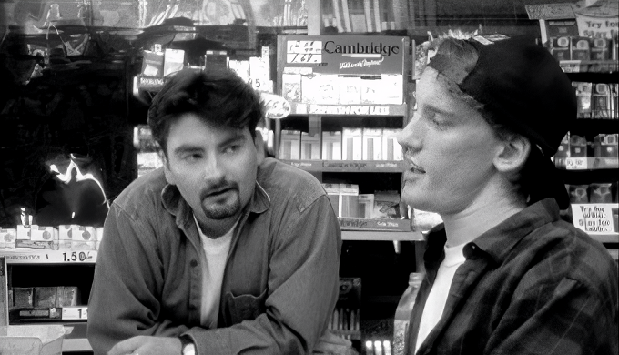 Still from the film 'Clerks' (1994) a black-and-white comedy presenting the working hours of a day in the lives of Dante Hicks (Brian O’Halloran) and Randal Graves (Jeff Anderson) as two disenchanted 20-something store clerks.