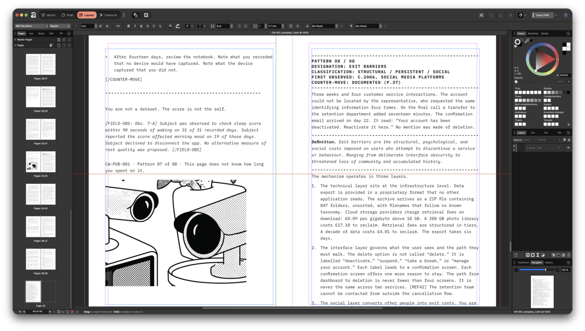 Screenshot of Affinity Publisher with the zine 'Field Notes on Productive Friction' open for editing