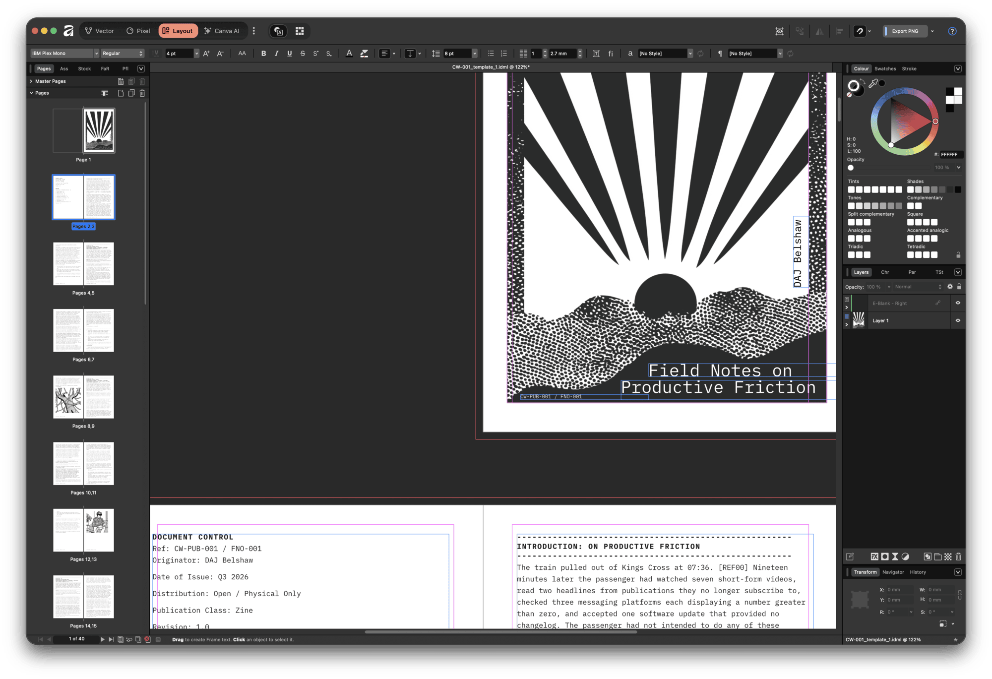 Screenshot of Affinity Publisher with zine loaded