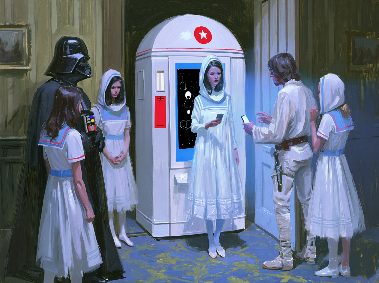 Darth Vader getting people to identify themselves with Luke Skywalker looking on