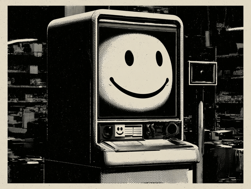 Retro, arcade-style computer terminal in a workshop or storage area showing an oversized classic smiley face on its screen, evoking playful nostalgia about friendly technology.