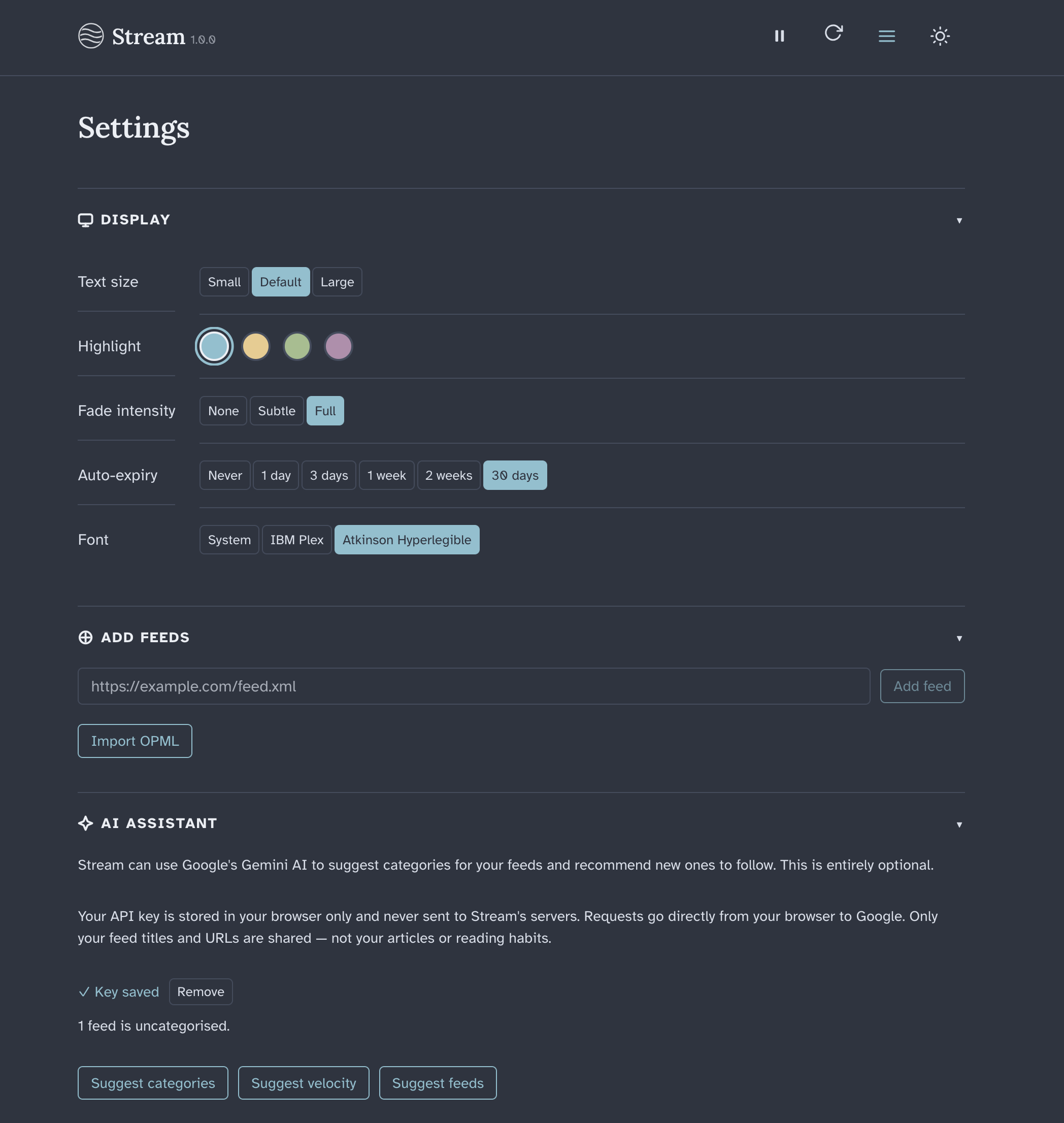 Screenshot of the Stream settings page