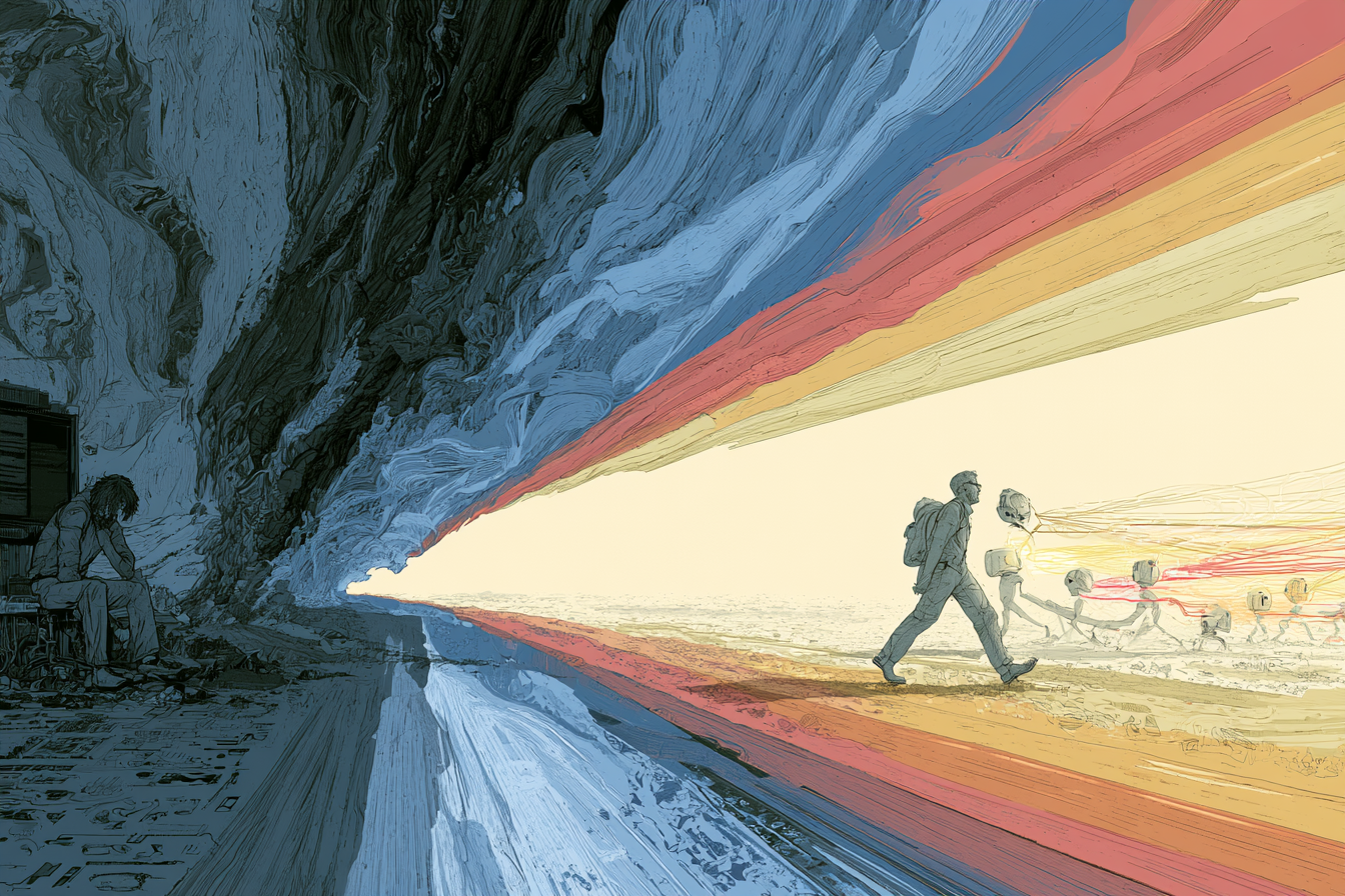 Midjourney prompt: A wide editorial illustration of a human figure walking along a painted horizontal spectrum, on the left a tired person in desaturated grey-blue tones sitting alone in front of a single featureless machine, on the right a relaxed, focused person in warm ochres and soft reds surrounded by several small abstract AI companions exchanging glowing threads of colour, the spectrum rendered as broad brushstrokes shifting from cool to warm, subtle symbolic icons and shapes hinting at dialogue and exploration, textured paper feel, contemporary art-house magazine illustration style, soft natural lighting, no text or lettering