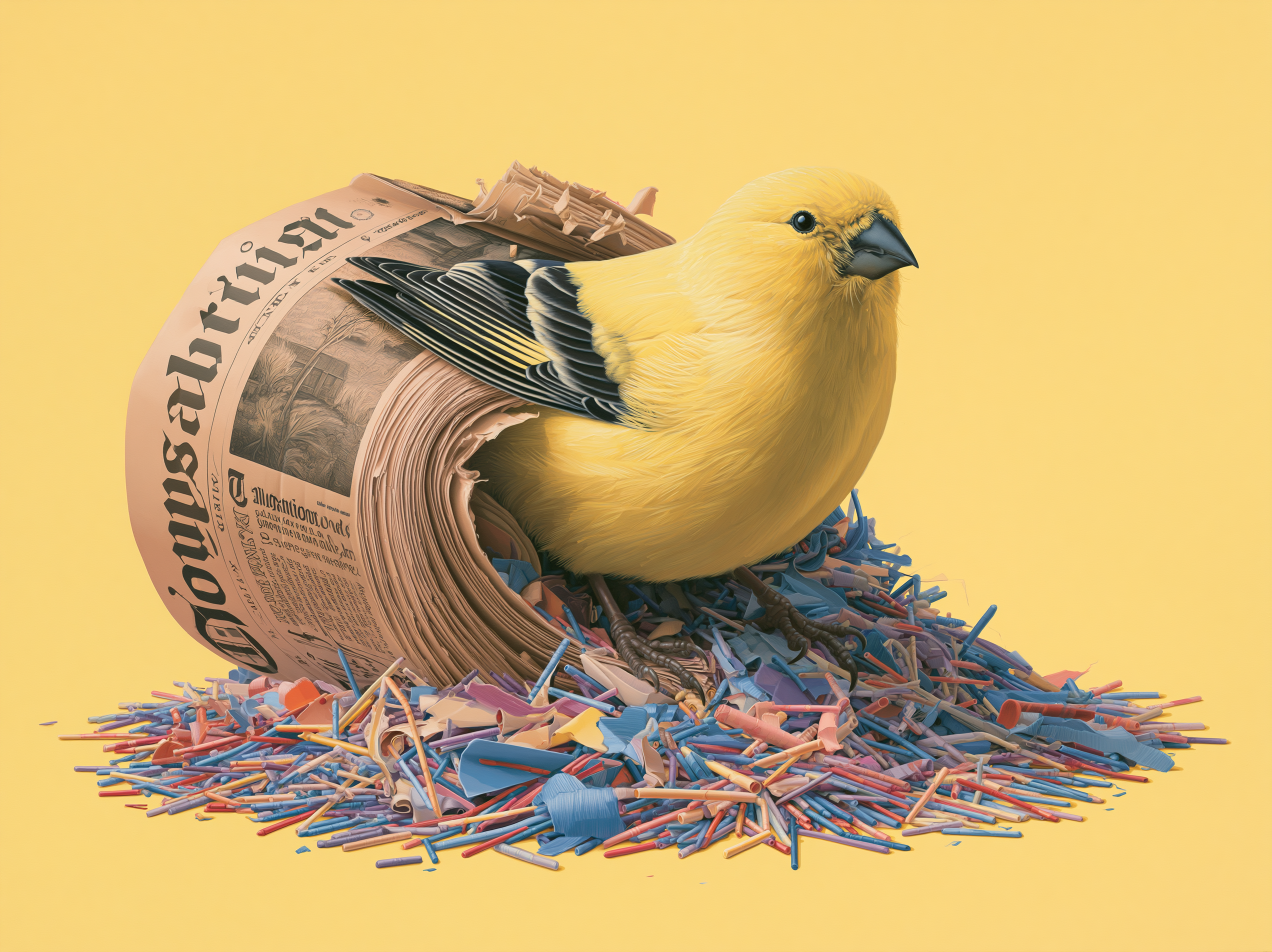 Midjourney-created image of a canary emerging from a newspaper