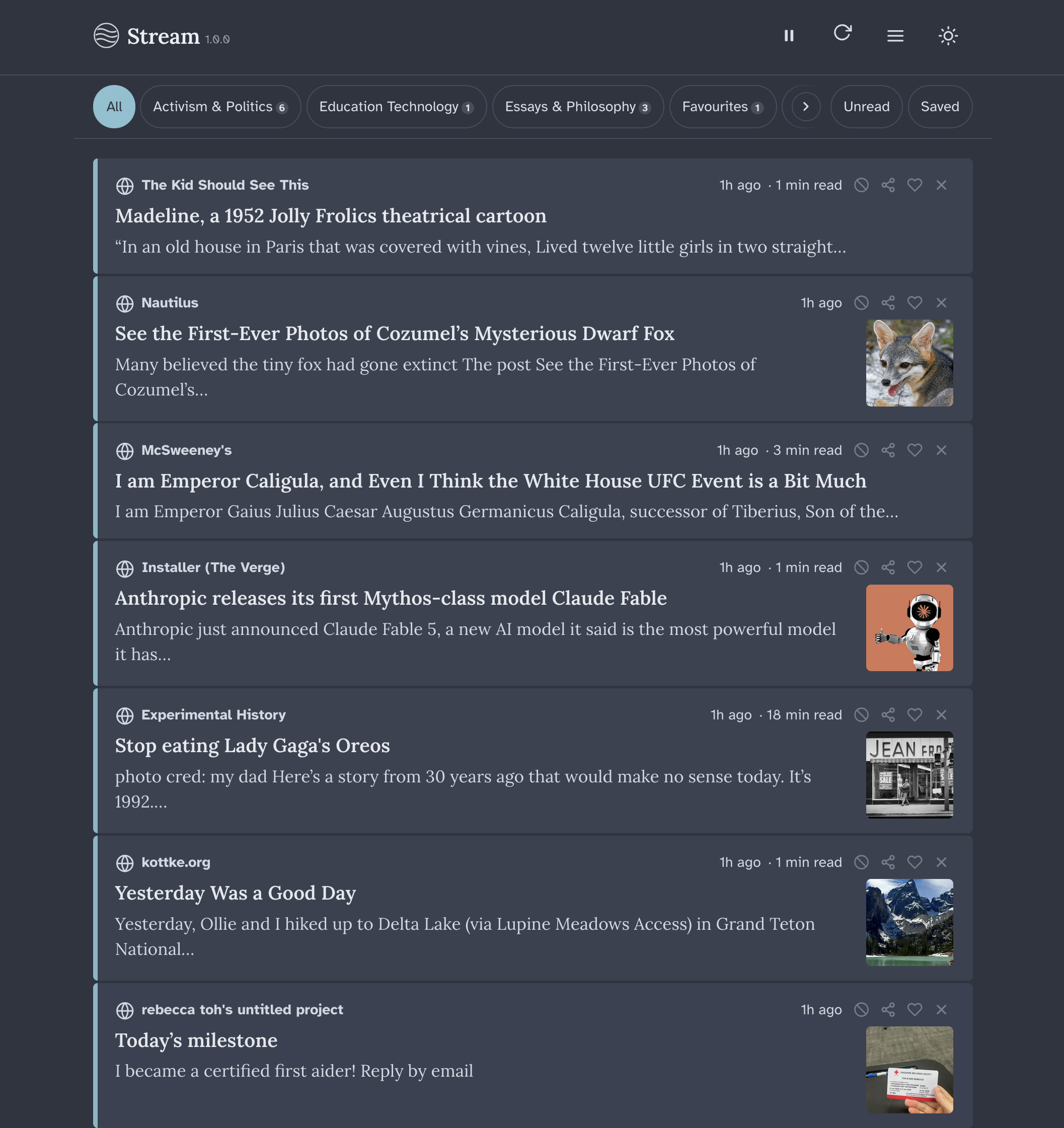 Screenshot of Stream showing latest RSS feed items