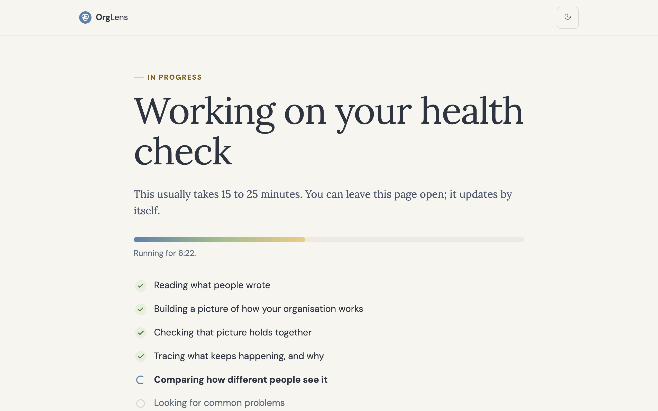Screenshot showing OrgLens working on the health check