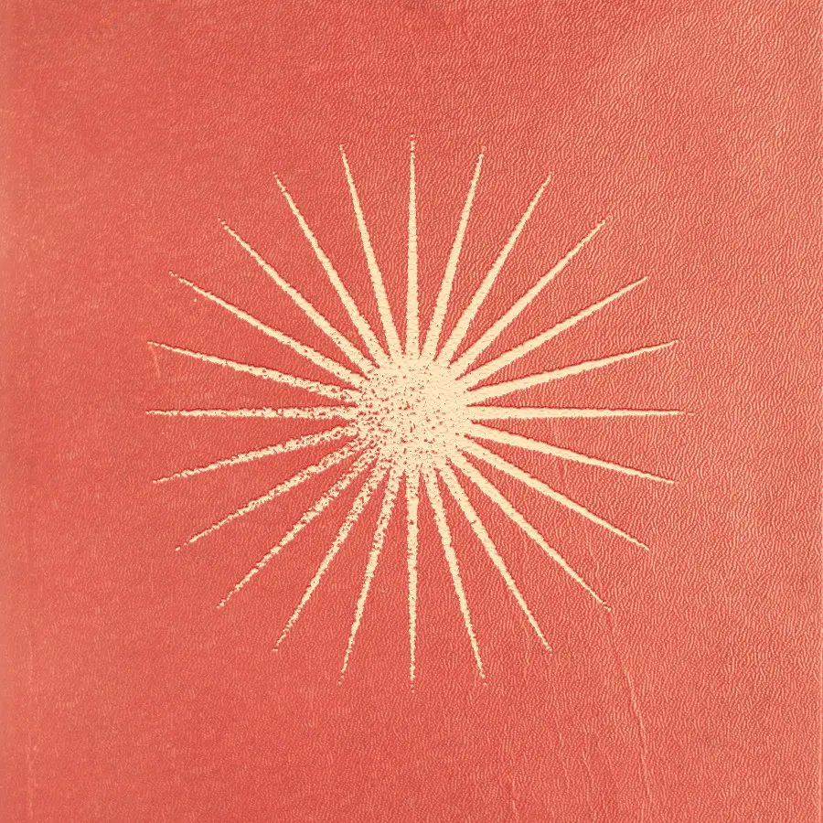 Gold embossed sunburst with a textured circular center and many radiating rays on a red leather-like background, resembling a decorative book cover emblem.
