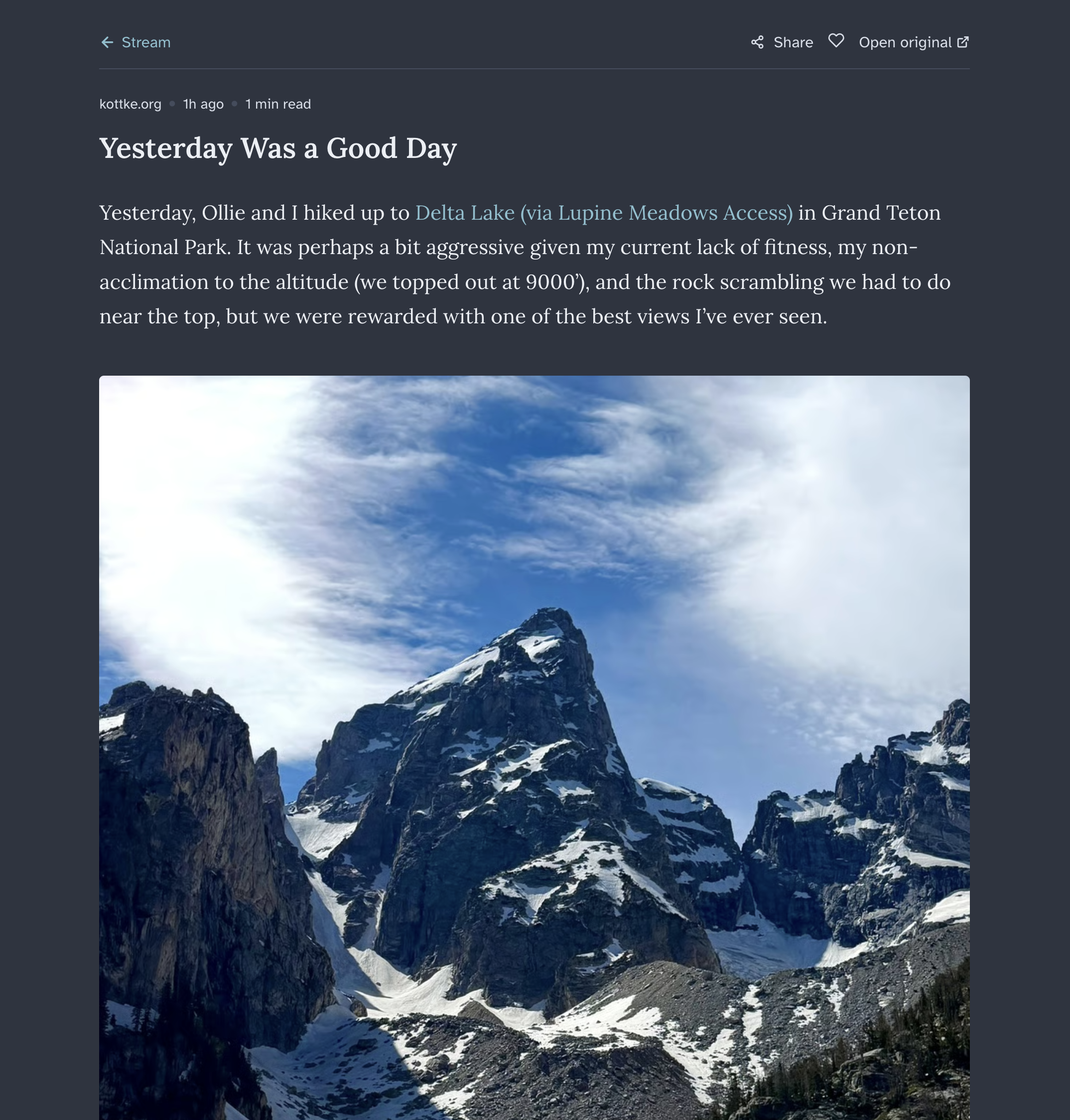 Screenshot of blog post in Stream