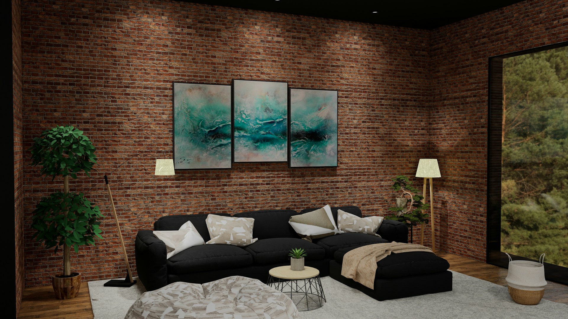 Living room with sofa, artwork, and lamp