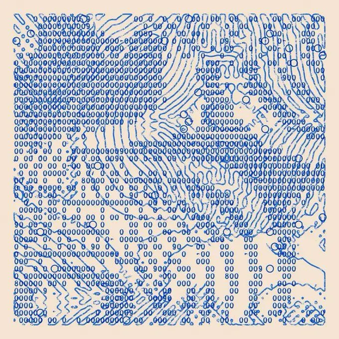 Abstract topographic pattern made from repeated blue "0" characters arranged in contour-like lines across a beige background, evoking a fingerprint, circuit board traces, or data-visualization map.