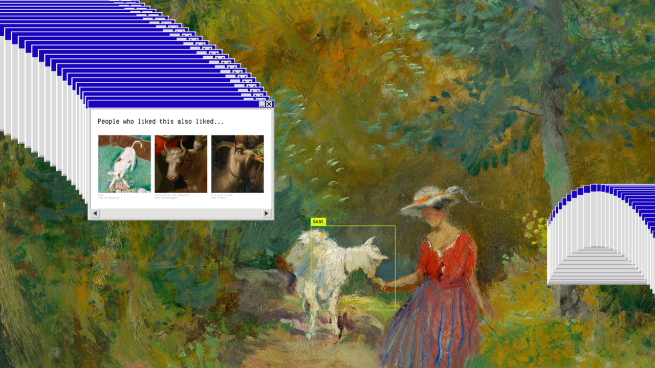 The collage shows multiple repeated tabs with the words 'people who liked this also liked...'. In the middle, there is a painting of a woman feeding a goat. The goat has been highlighted in a yellow bounding box. The background is a painted nature scene.