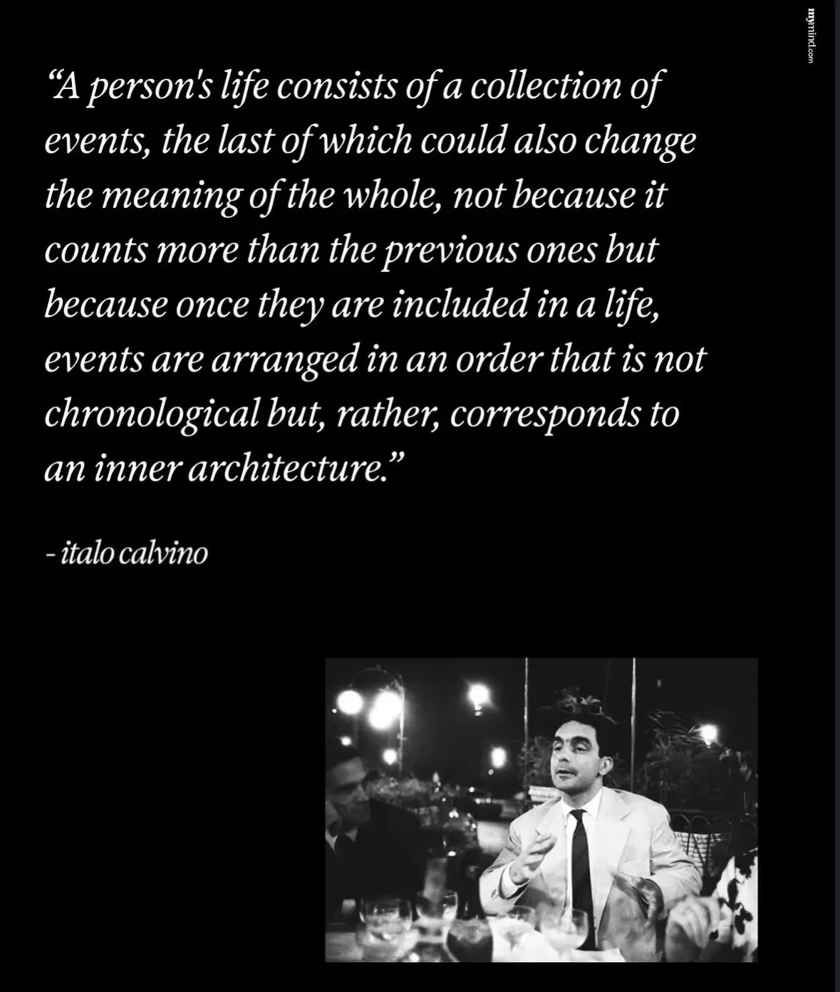 Italo Calvino quote on a black background, with a black-and-white photo of him speaking at a table below.