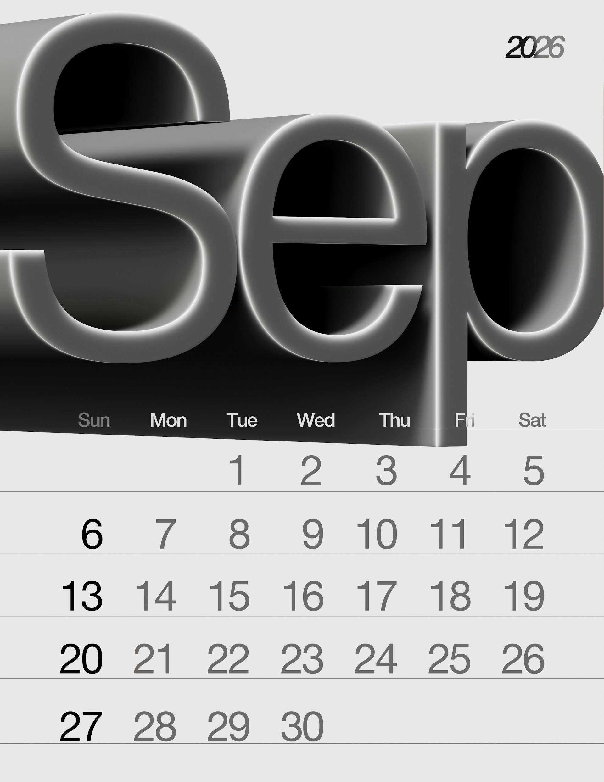 September 2026 calendar page with oversized glossy 3D 'Sep' letters dominating the top and a clean month grid below showing days 1–30 with Sundays visually emphasised.