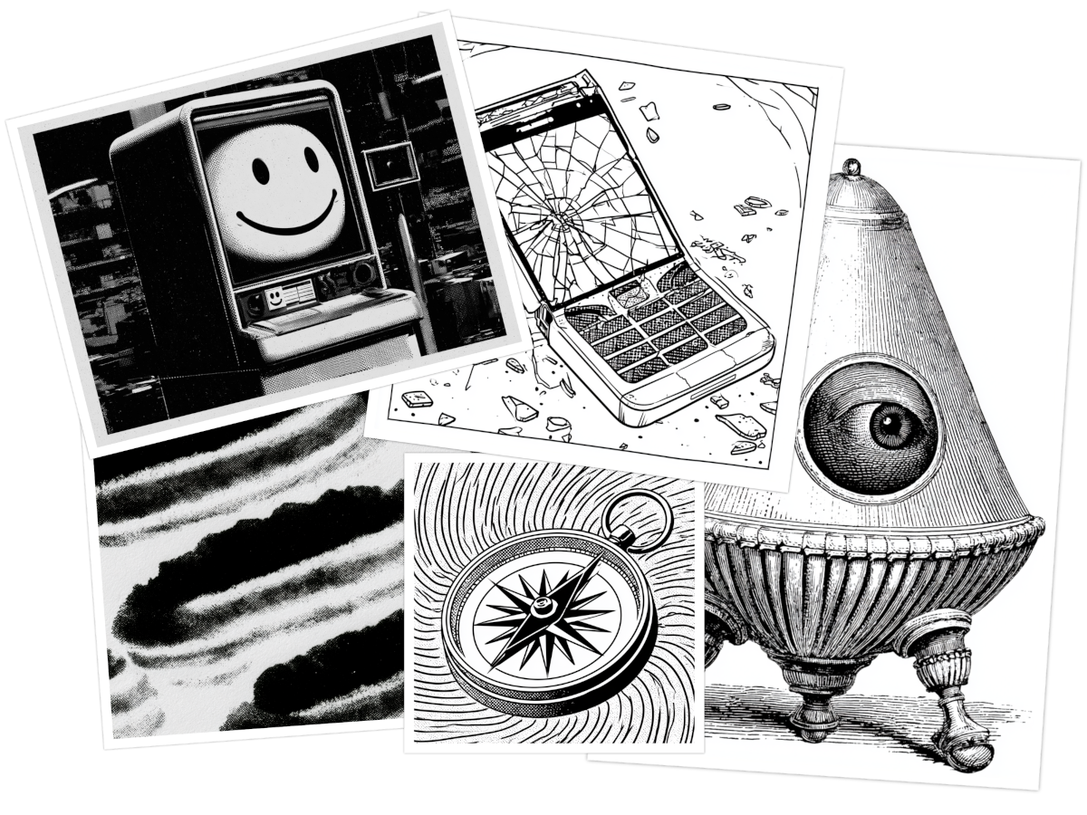 Collage of zine image ideas from Midjourney