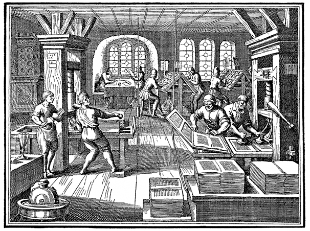 A busy early-modern printing workshop with craftsmen operating wooden presses, setting type at composing desks, arranging pages on racks, and stacking freshly printed sheets beneath arched windows.
