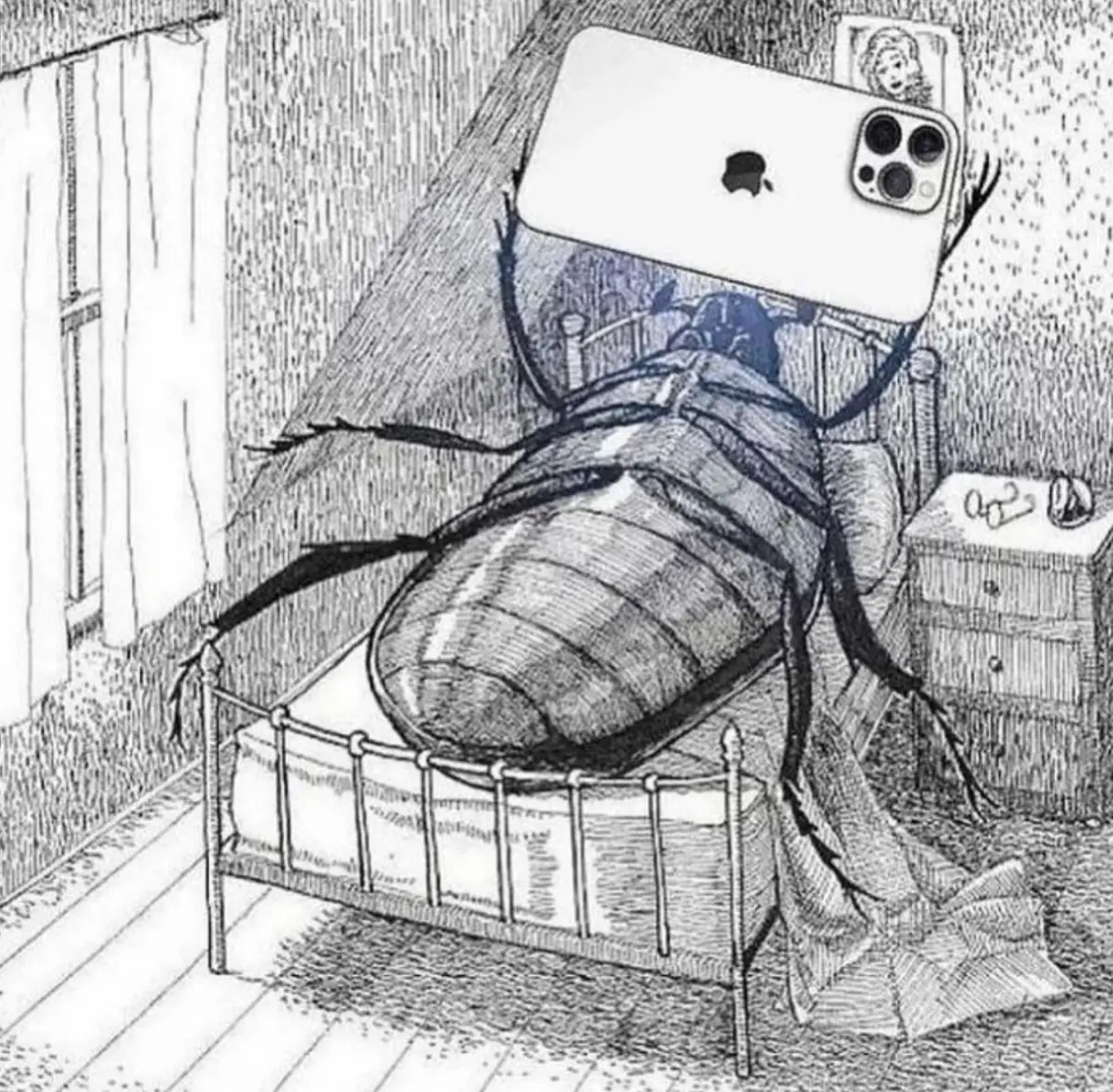 Cockroach lying on its back in bed with an iPhone
