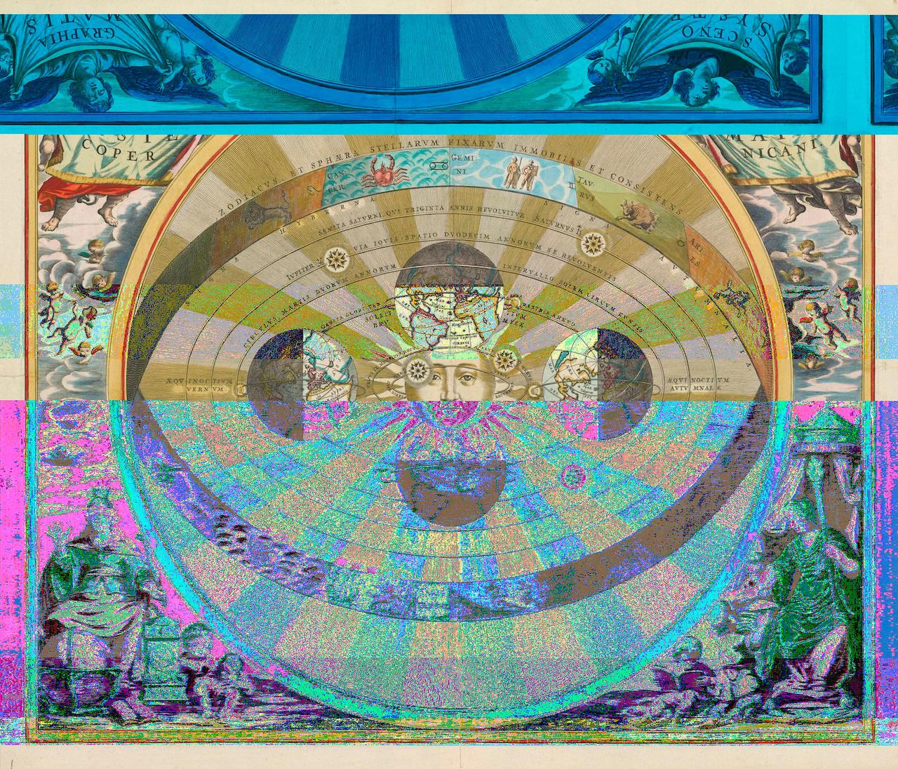 The image shows an illustration of celestial chart featuring concentric rings with Latin inscriptions and zodiac symbols, centered around a sun with a face and 4 plants around it. The upper portion displays angel-like figures in a deep blue border, while the lower half is awash in psychedelic colors—pinks, blues, and greens that create a glitch effect. This distortion partially obscures classical figures or statues at the bottom. The overall composition mixes Renaissance-era astronomical imagery with contemporary digital art techniques.