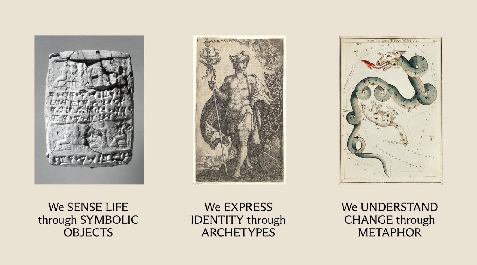 Screenshot of a slide with three objects. The text reads: we sense life through symbolic objects, we express identity through archetypes, and we understand change through metaphor