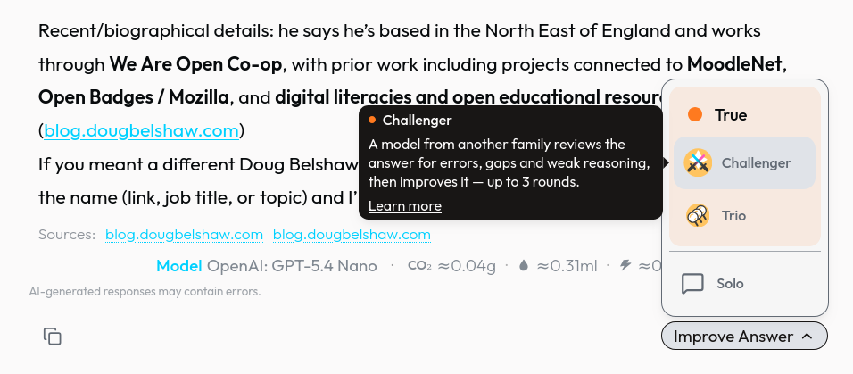 Screenshot of pop-up when pressing discode 'improve answer' button