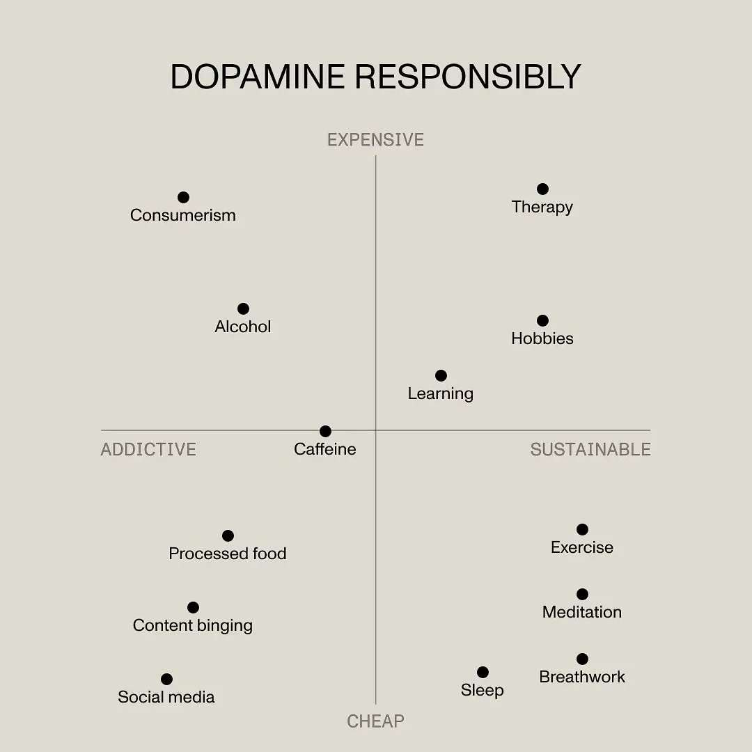 Chart titled 'DOPAMINE RESPONSIBLY' mapping cost (expensive→cheap) vs sustainability (addictive→sustainable), placing consumerism and alcohol expensive/addictive; processed food, content-binging, social media cheap/addictive; therapy, hobbies, learning expensive/sustainable; exercise, meditation,