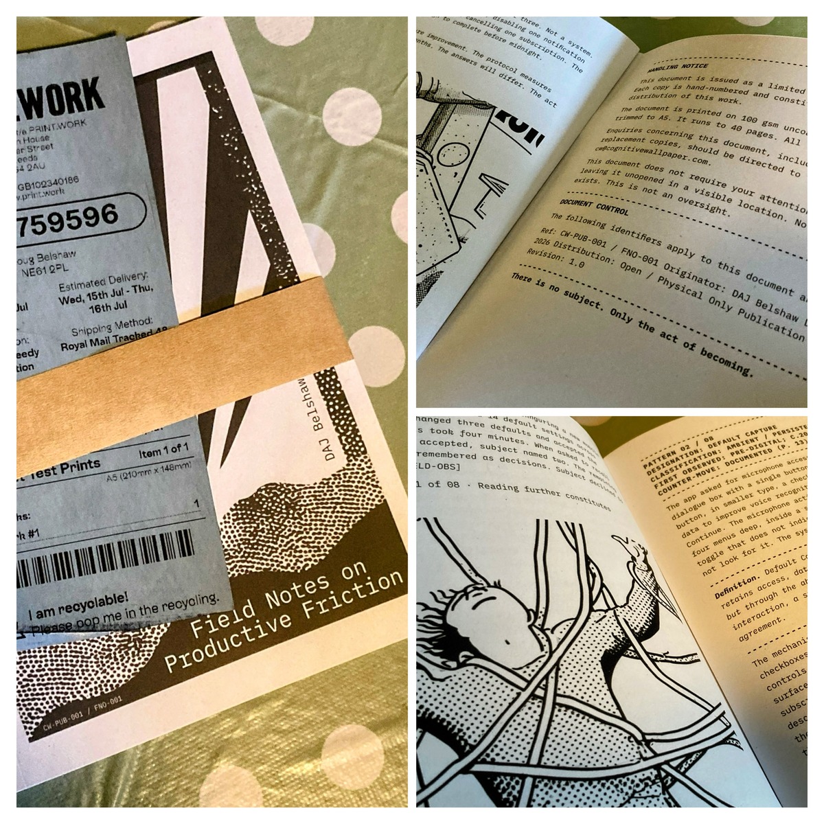 Collage of photos of front cover and pages of zine