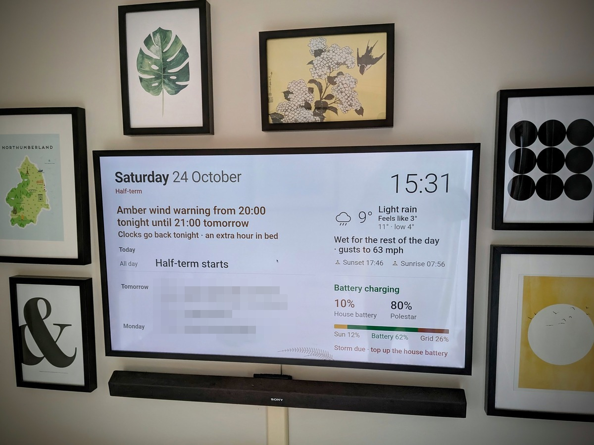 Photo of TV screen showing home dashboard