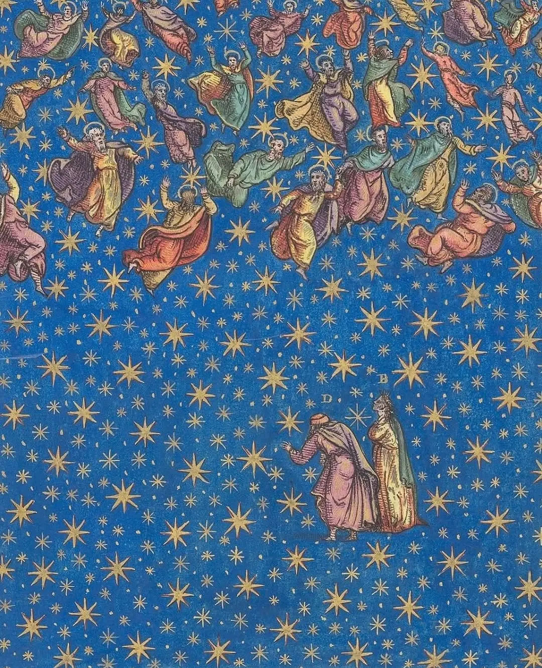 Panel from a 16th-century Venetian edition of Dante’s Divine Comedy. Medieval-style celestial scene showing dozens of robed saints or angels floating among gold stars on a deep blue field, while two robed figures stand on the starry plane gazing upward toward the heavenly assembly.