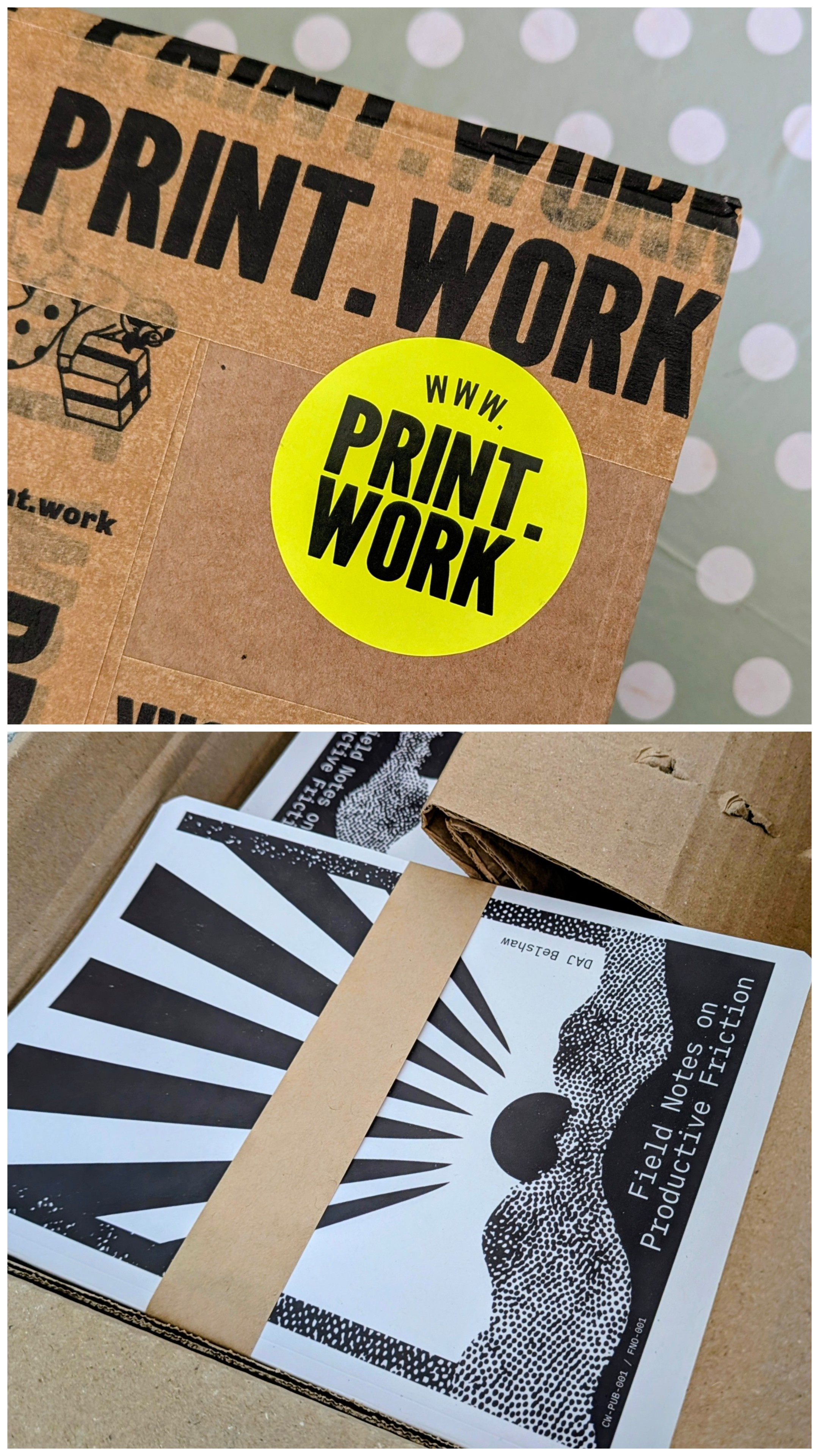 Collage of two photos showing outside of box and inside showing bundle of zines