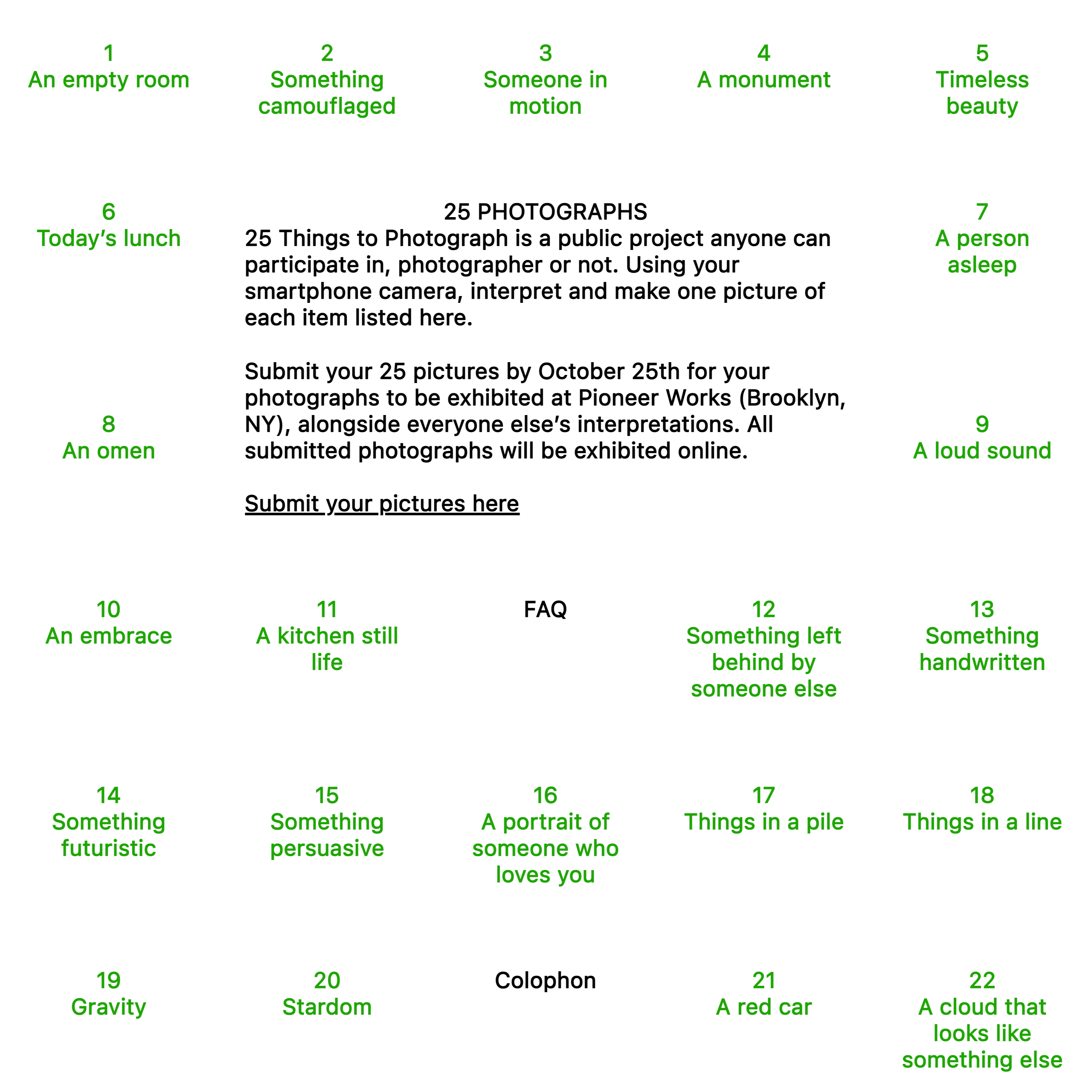 A poster listing 25 photographic prompts for a public '25 Photographs' project, numbered items in green (examples: 'An empty room,' 'Someone in motion,' 'A red car') with submission details and instructions in black text.