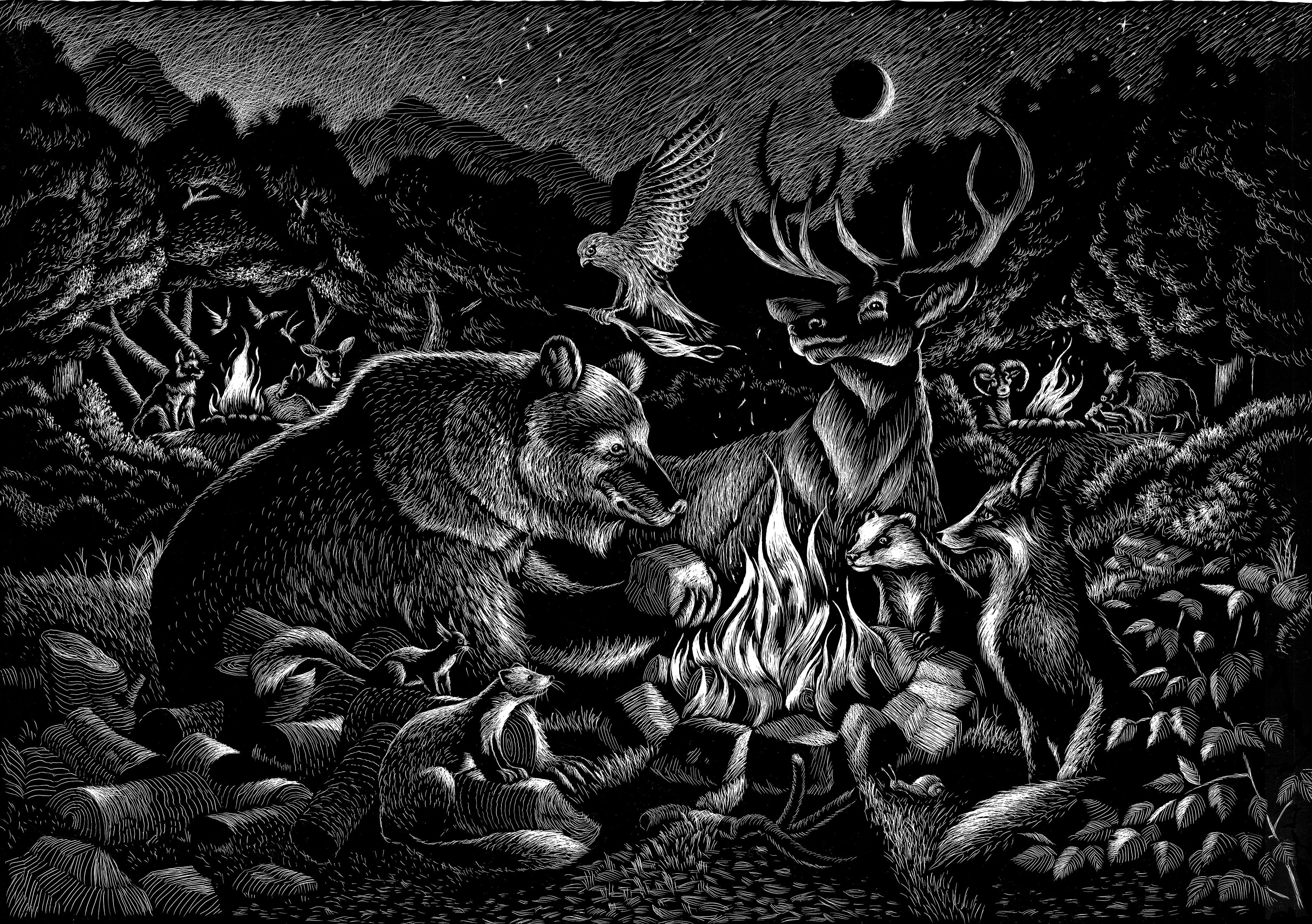 Bonfire graphic showing animals around a fire