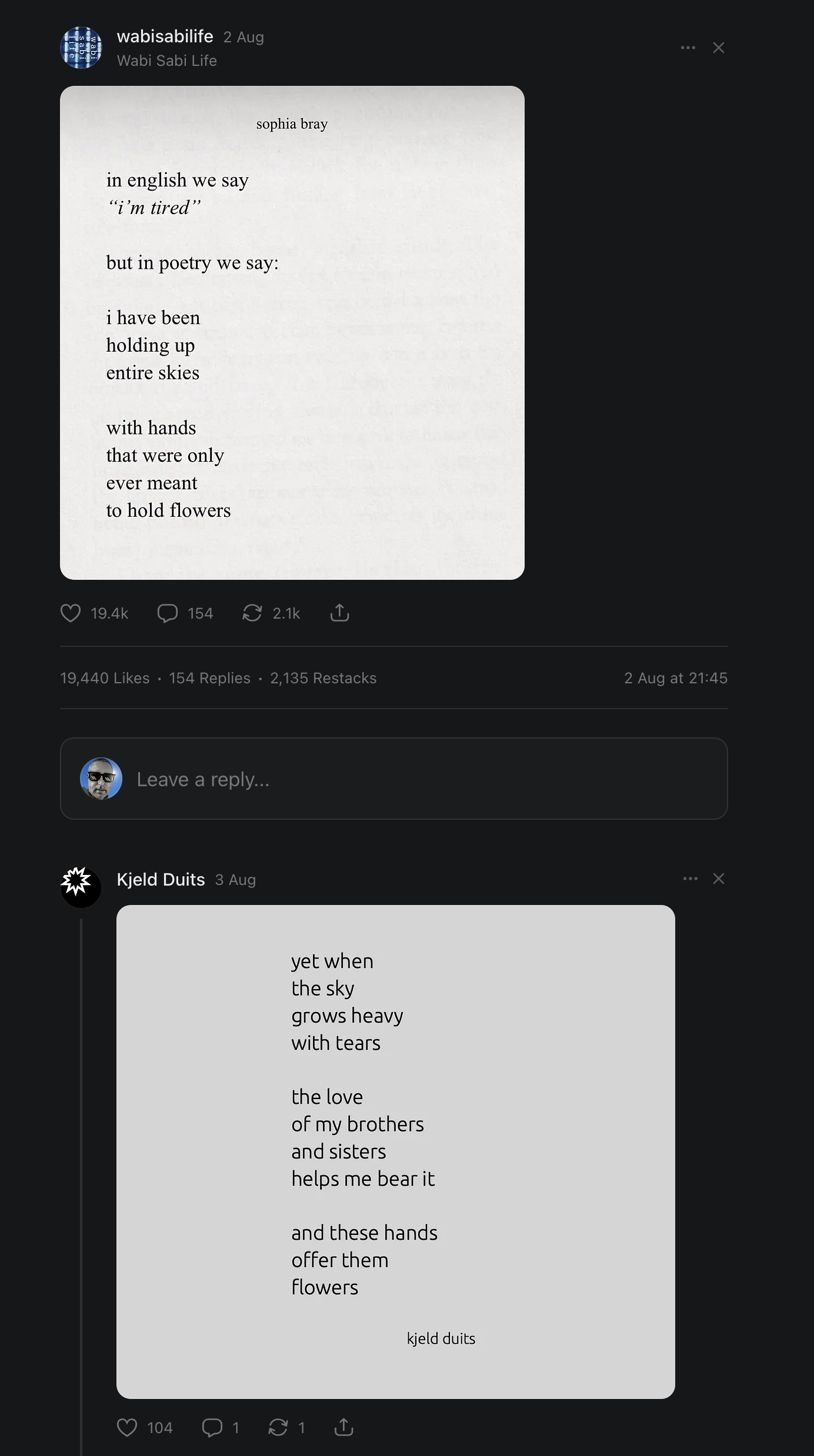 Screenshot of a poem being responded to with another poem