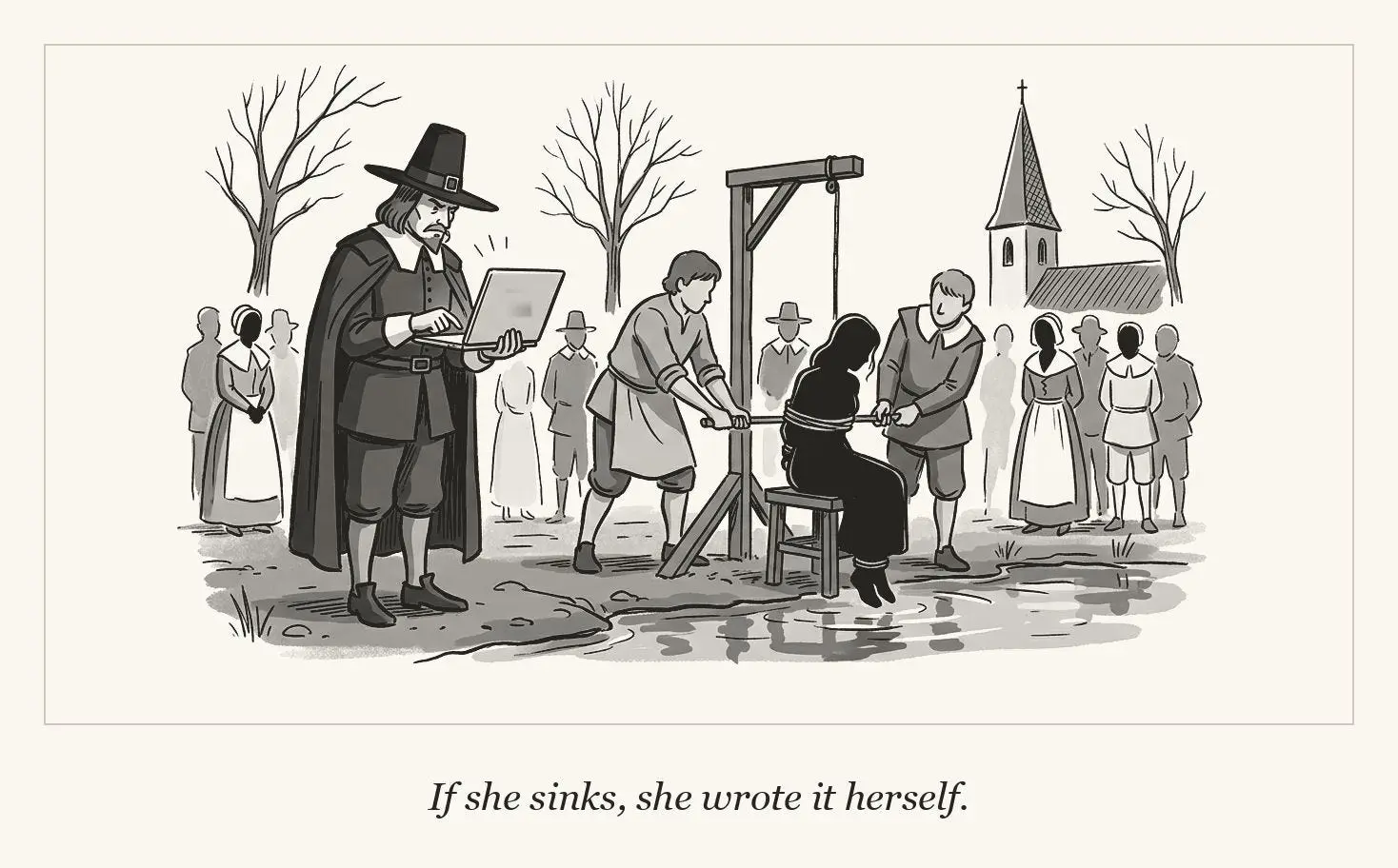 Puritan-style witch trial scene with a woman bound to a dunking stool beside a laptop-wielding judge. The text reads 'If she sinks, she wrote it herself'