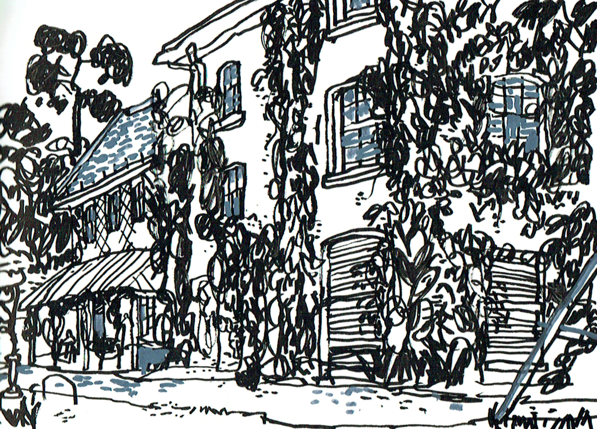 Black-and-white sketch of ivy-covered house