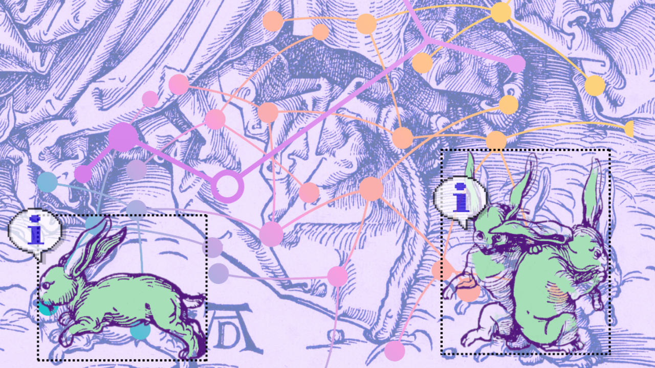 Three green rabbits sit at the bottom of the image with dotted lines in a square around them, with an 'i' information symbol captured within a speech mark. In the background is a sketch, set against a purple background. A neural network diagram is overlaid the background.