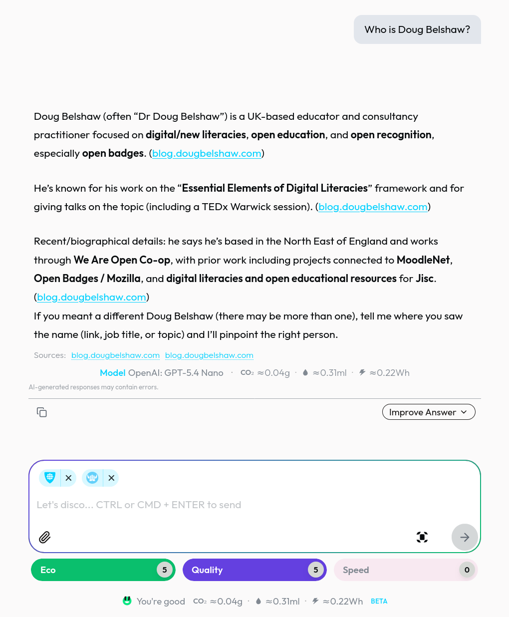 Screenshot showing discode's response to 'Who is Doug Belshaw?' prompt