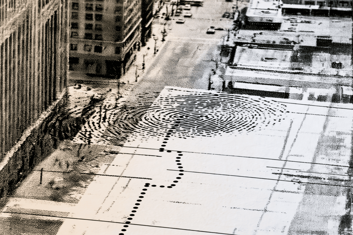 Black-and-white aerial cityscape overlaid with a large fingerprint and a dotted path across rooftops, evoking themes of surveillance, identity, and tracking.