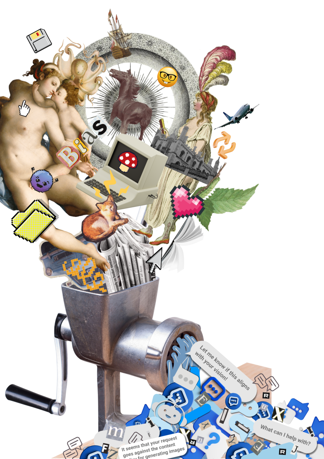 The image features a silver meat grinder. Going into the grinder at the top are various culturally symbolic, historical, and fun icons –&nbsp;such as emojis, old statutes, a computer, newspapers, an aeroplane. At the other end of the meat grinder, coming out is a sea of blue and grey icons representing chat bot responses like 'Let me know if this aligns with your vision' in a grey chat bot message symbol.