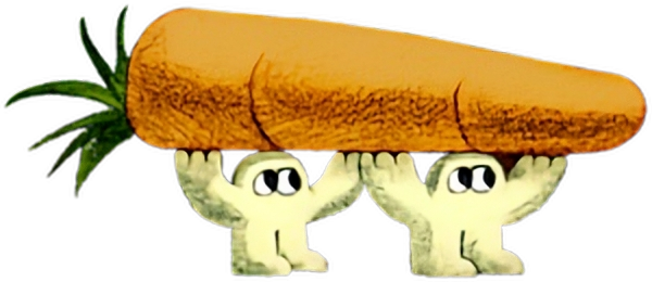 Two cartoon characters holding a carrot aloft