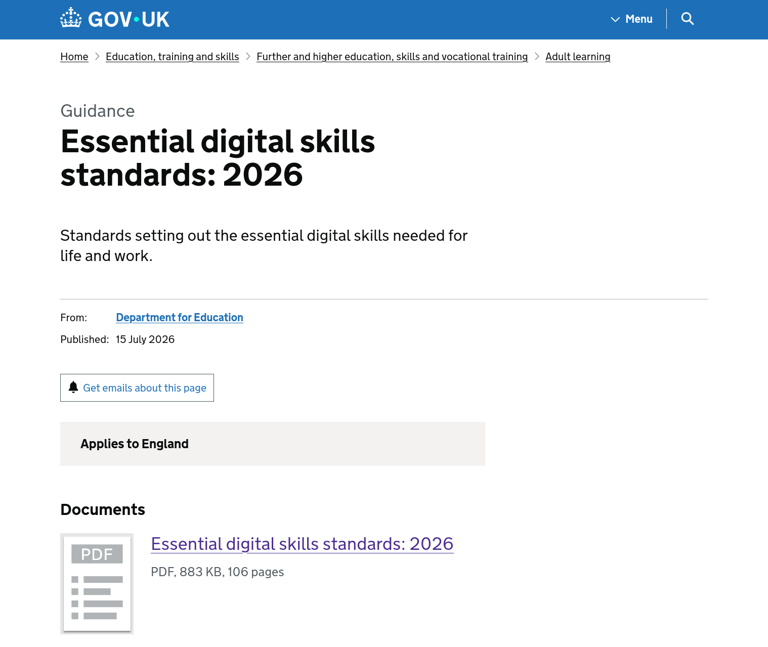Guidance page titled 'Essential digital skills standards: 2026' describing standards for digital skills for life and work, published by the Department for Education on 15 July 2026, with a linked PDF and a note that it applies to England.